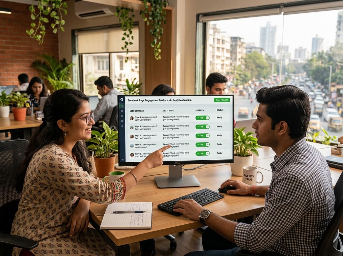 Indian agency team reviewing Facebook comment reply approvals on a desktop