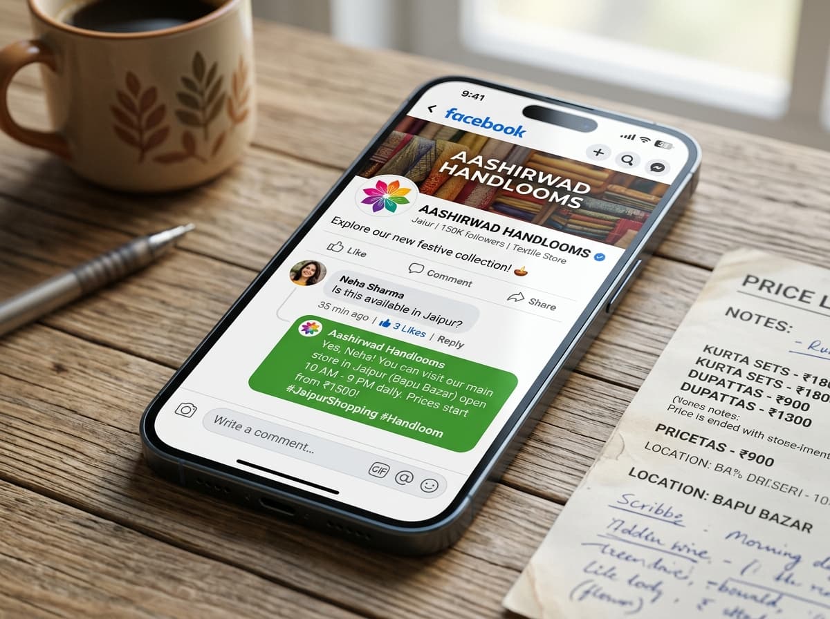 Facebook comment gets an instant reply with shop price and Jaipur store hours